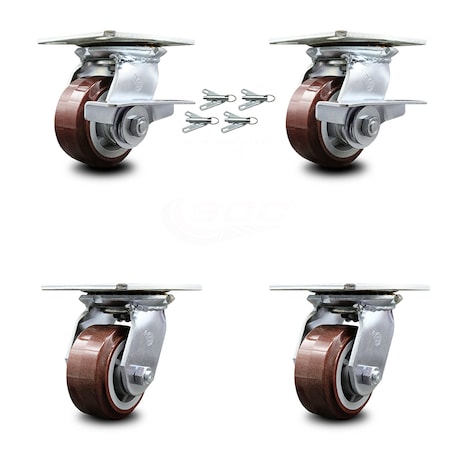 Service Caster 4 Inch Polyurethane Caster Set with Ball Bearing 4 Swivel Lock and 2 Brake SCC SCC-35S420-PPUB-SLB-BSL-2-BSL-2